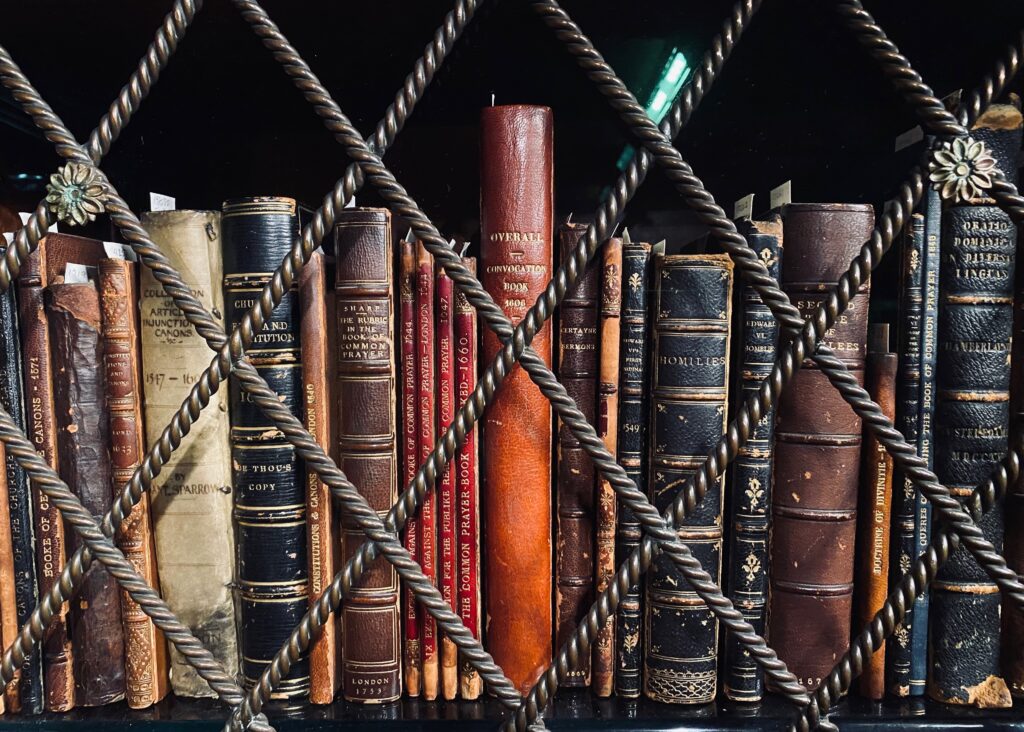 Books behind wire on a shelf in the Morgan Library.