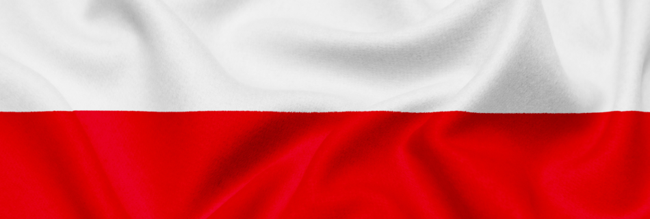 A polish flag, with slightly wrinkled fabric, fills the frame, showing white on top and red on the bottom.